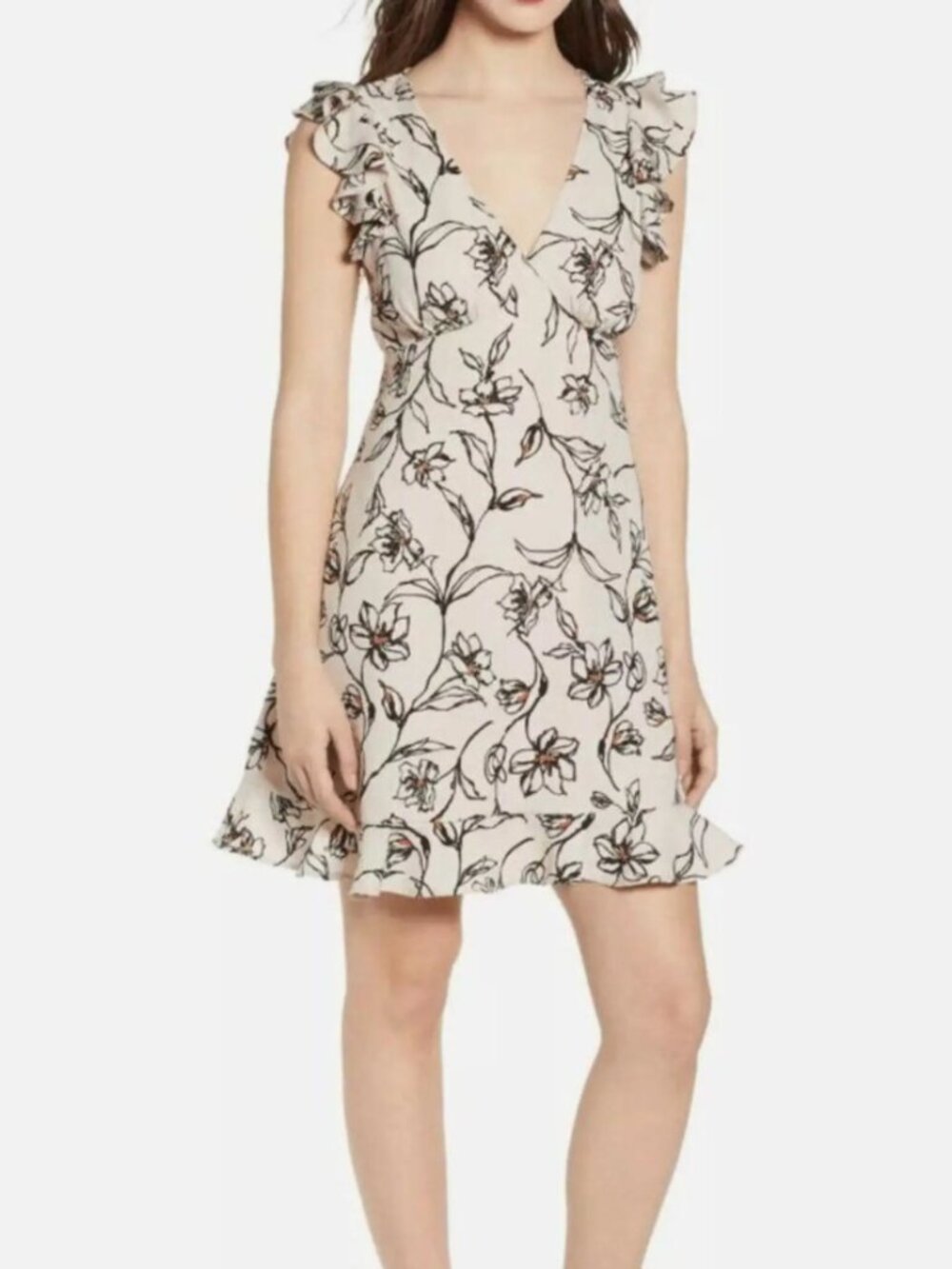 LEITH Flutter Sleeve Minidress, Women's Size M  IVORY SKETCH FLORAL